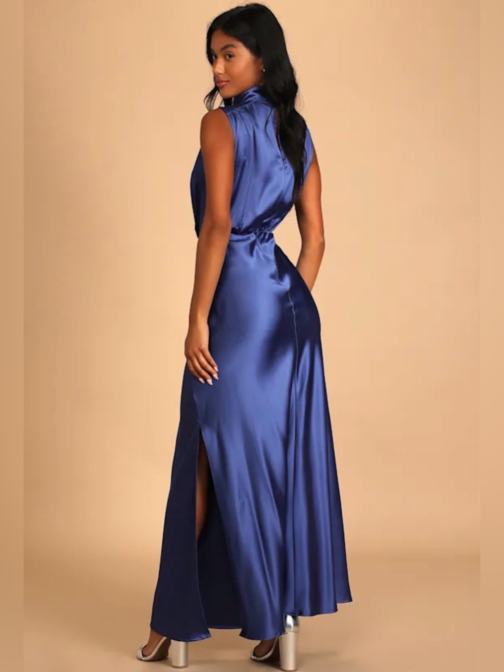 Lulus Periwinkle Purple Blue Satin Mock Neck Maxi Dress Large Sleeveless Formal - Picture 3 of 4